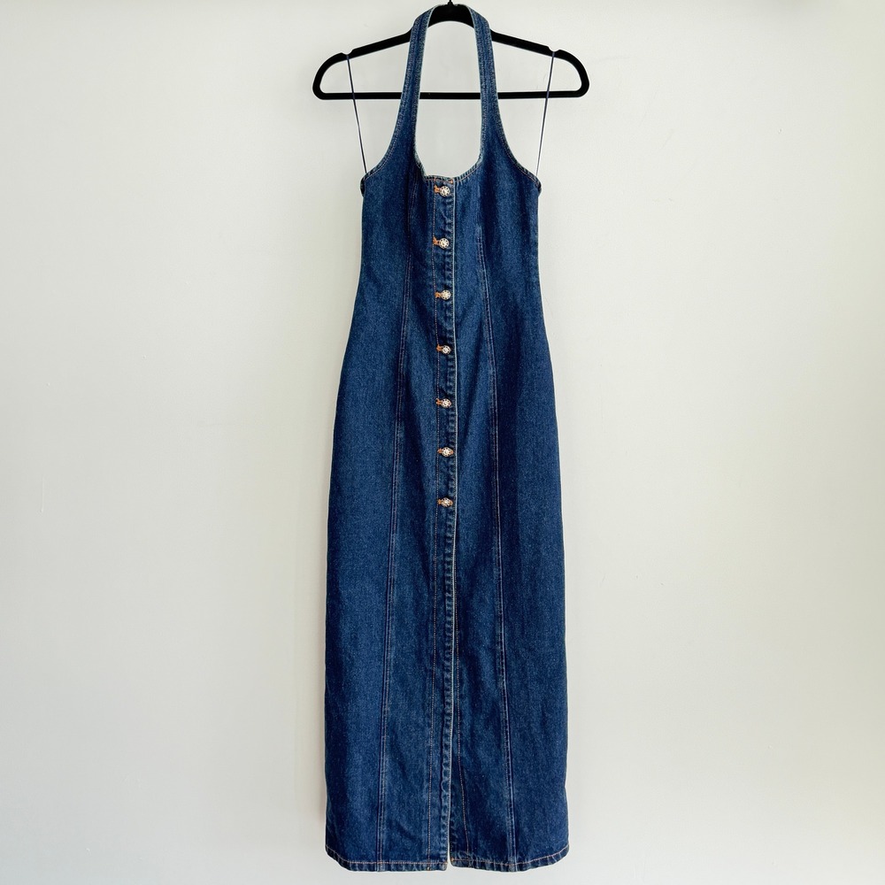 Lioness Kenny Maxi Dress Womens 2 Denim Halter Button Front Sleeveless Indigo